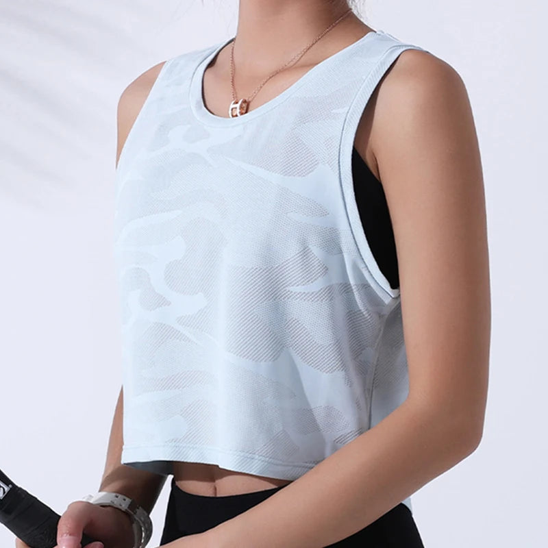 Women's Camouflage Crop Top Sleeveless Mesh Yoga Shirts Breathable