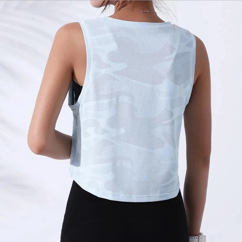 Women's Camouflage Crop Top Sleeveless Mesh Yoga Shirts Breathable