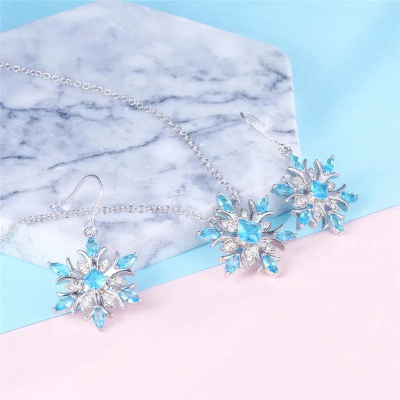 Bague Ringen Earrings for Women Charms Fashion Jewelry Artificial Aquamarine Snowflake Ear drops Blue Gemstones