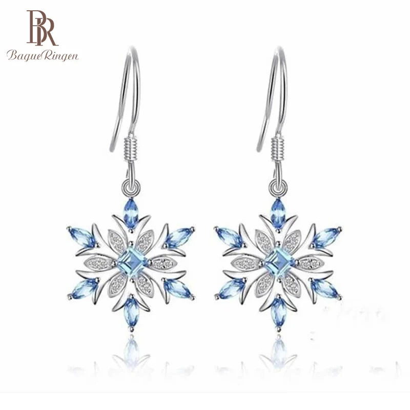 Bague Ringen Earrings for Women Charms Fashion Jewelry Artificial Aquamarine Snowflake Ear drops Blue Gemstones