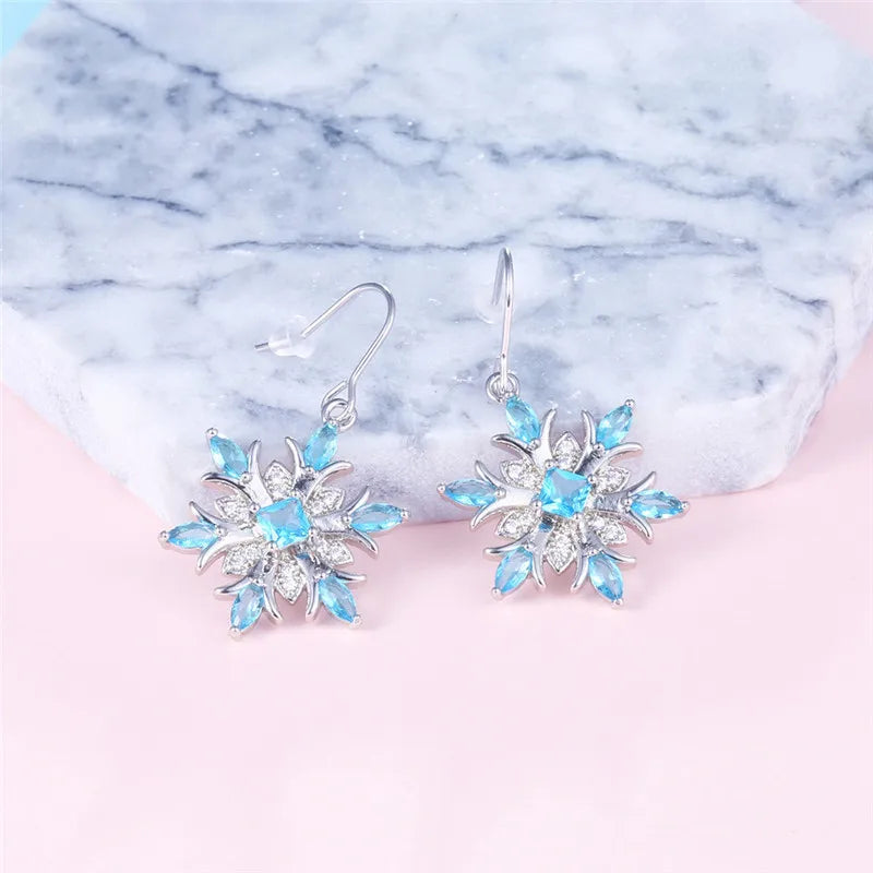 Bague Ringen Earrings for Women Charms Fashion Jewelry Artificial Aquamarine Snowflake Ear drops Blue Gemstones