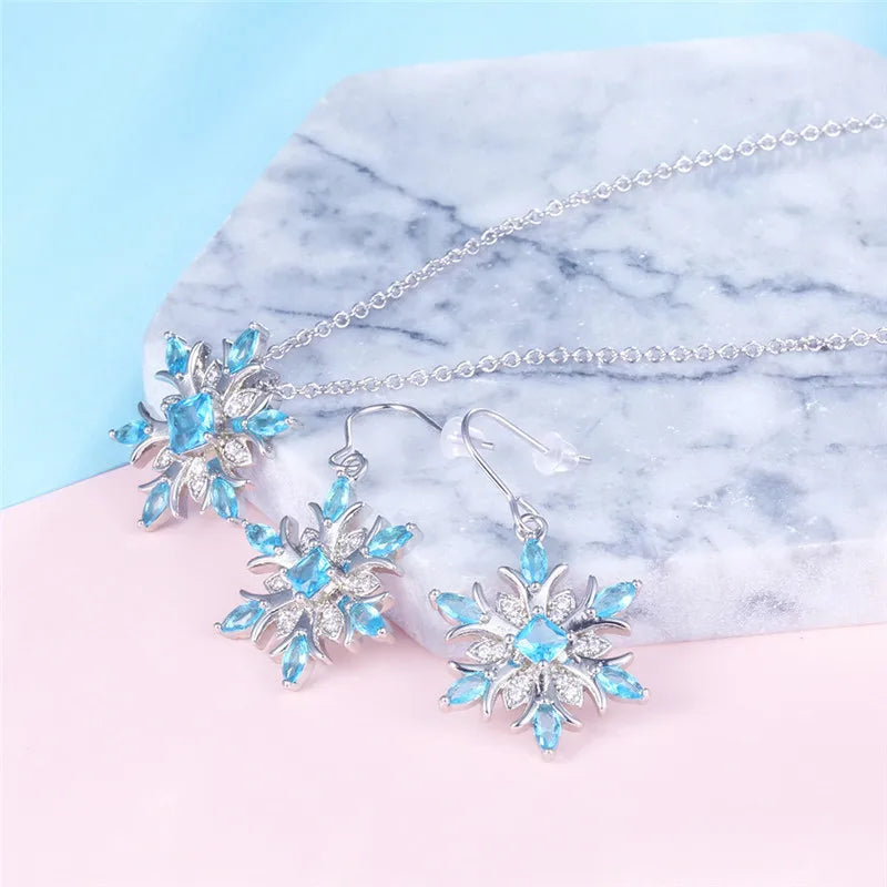 Bague Ringen Earrings for Women Charms Fashion Jewelry Artificial Aquamarine Snowflake Ear drops Blue Gemstones