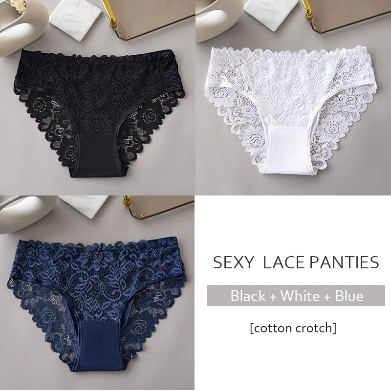 3PCS/Set Luxury Floral Embroidery Lace Panties Women Briefs Sexy Hollow Lingerie Breathable