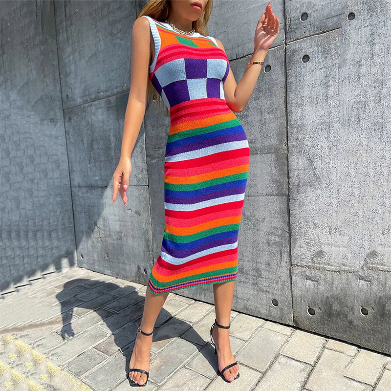 Women's clothing new fashionable contrasting color long slim fit wrapped buttocks knitted dress