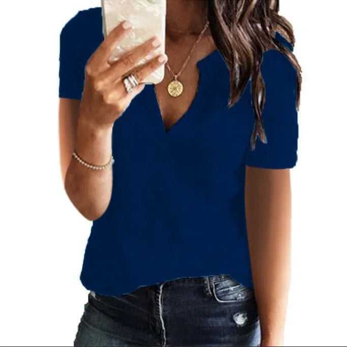 Plus Size Women's Clothing Spring and Summer New Tops V-neck Mid-length Loose Casual Short-sleeved T-shirt