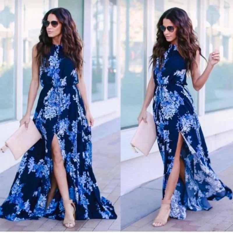 Women's Clothing Fashion New Street Printed Round Neck Waist Long Dress