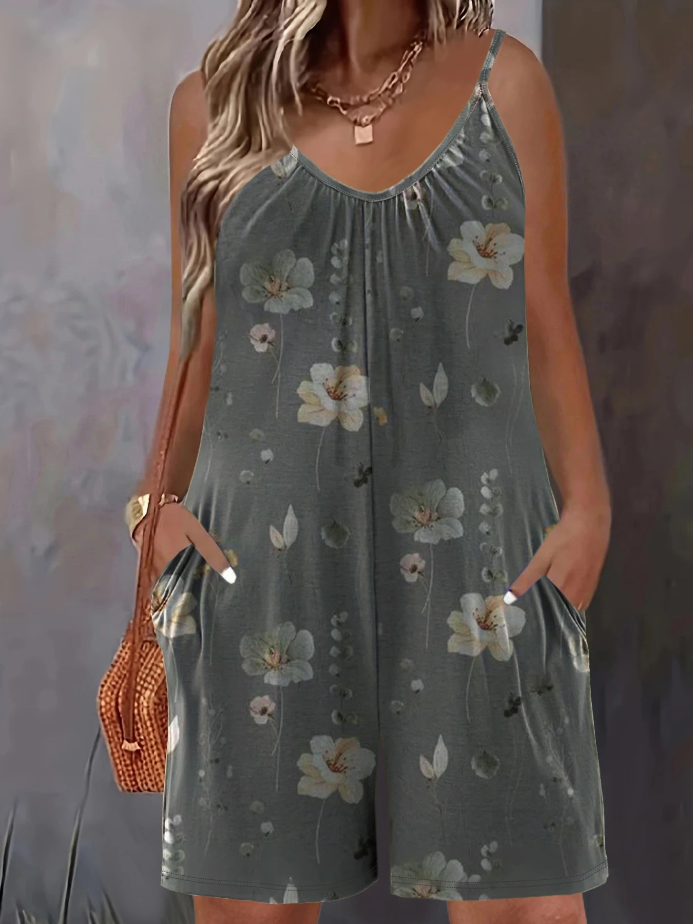 Plus Size Allover Print Cami Romper Jumpsuit, Casual Pocket Ruched Sleeveless Romper Jumpsuit, Women's Plus Size Clothing