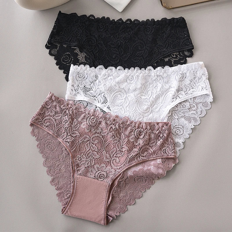 3PCS/Set Luxury Floral Embroidery Lace Panties Women Briefs Sexy Hollow Lingerie Breathable