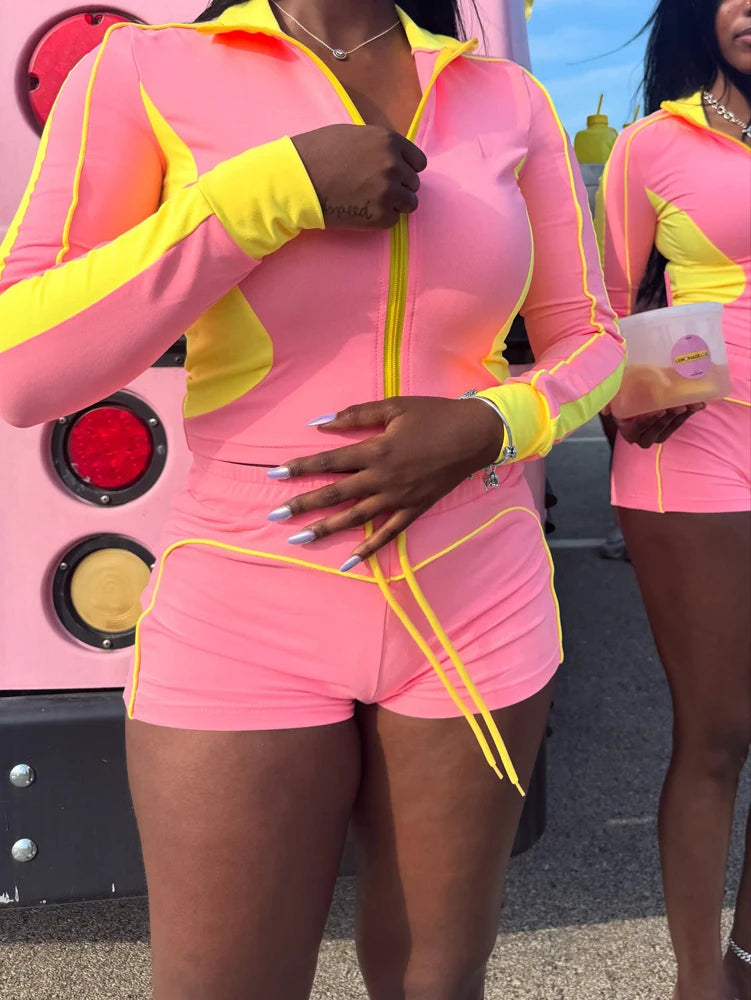Tracksuit Women Patchwork 2 Piece Set Trendy Sporty Outfits Zip Long Sleeve Crop Jacket and Shorts Suits Matching Sets