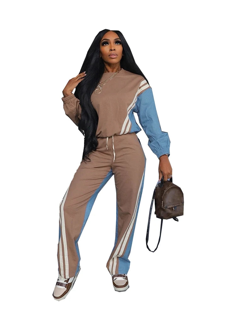 Sweatsuits for Woman Sports Fashion Color Block Stripe Full Sleeve Sweatshirt and Drawstring Long Pants 2 Piece Sets