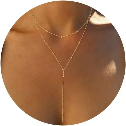 Gold Necklace for Women 14k Gold Plated/Silver Y-Shaped Pendant Necklace Layered Beaded Chain Drop Necklaces