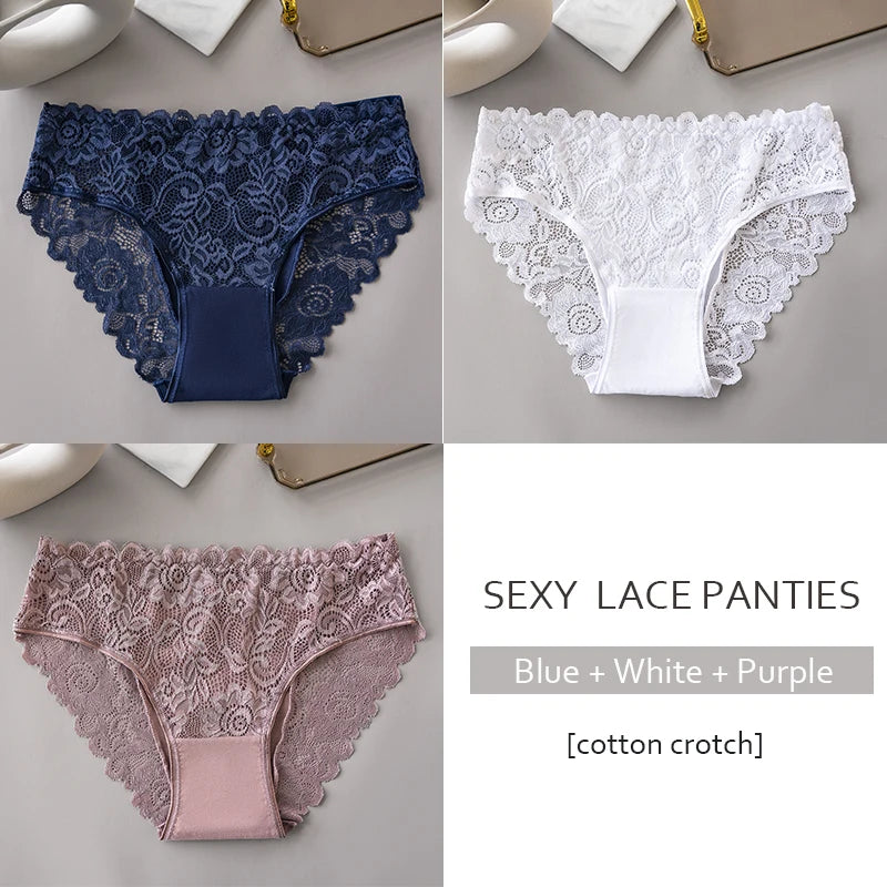 3PCS/Set Luxury Floral Embroidery Lace Panties Women Briefs Sexy Hollow Lingerie Breathable