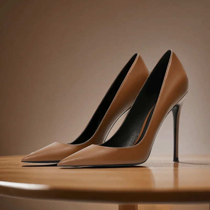 High heels for women thin heels matte brown leather surface professional work shoes shallow mouth pointed toe