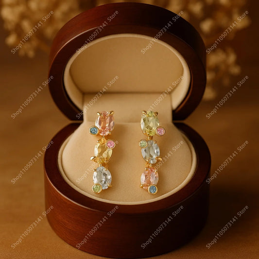 Fashionable and luxurious oval colored earrings, versatile for daily use in the workplace, high-quality jewelry