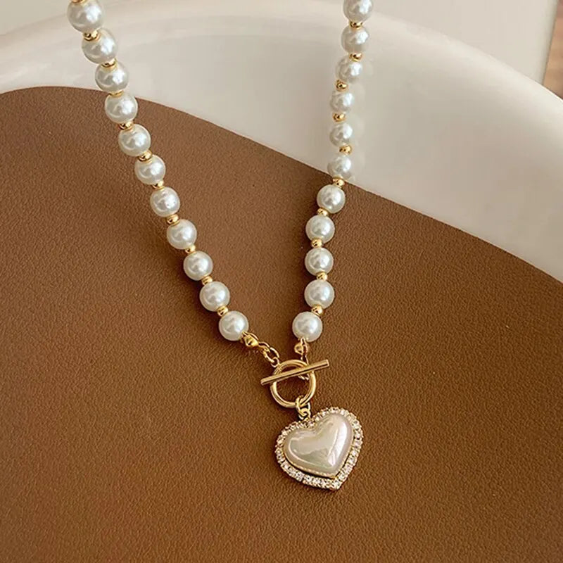 Elegant Pearl Necklace For Women Heart Pendant Necklaces Luxury Imitation Pearls