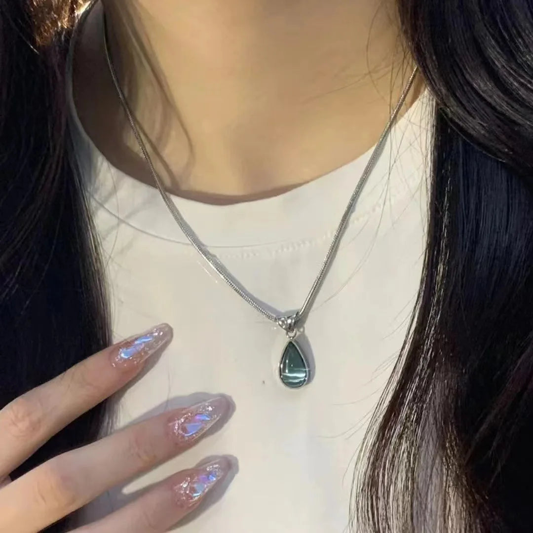 Blue Water Drop Pendant Necklace for Women Light Luxury Niche Design