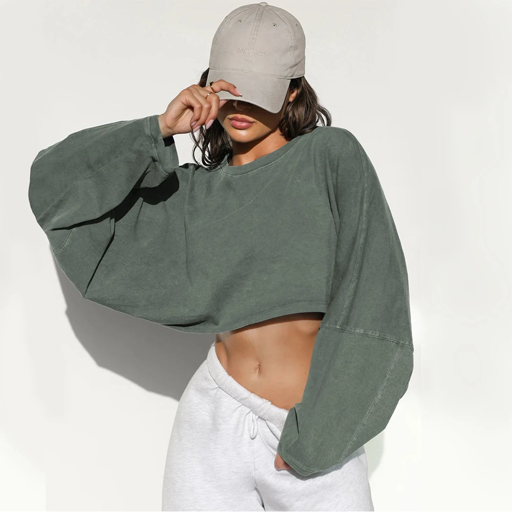 Women's Sports Crop Top T-Shirts Gym Clothing Yoga Loose Tops Long Sleeve Sportswear