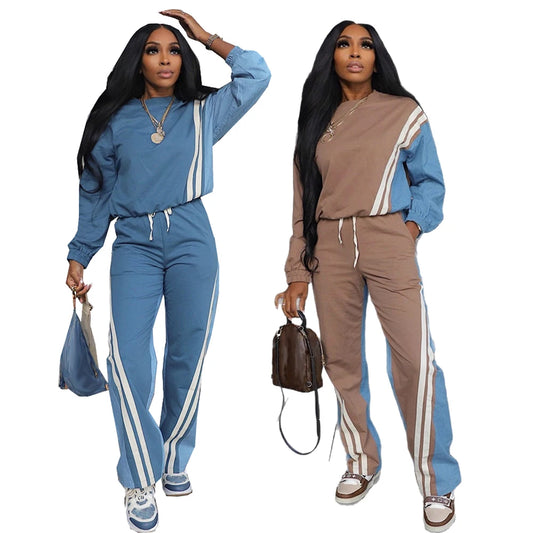 Sweatsuits for Woman Sports Fashion Color Block Stripe Full Sleeve Sweatshirt and Drawstring Long Pants 2 Piece Sets