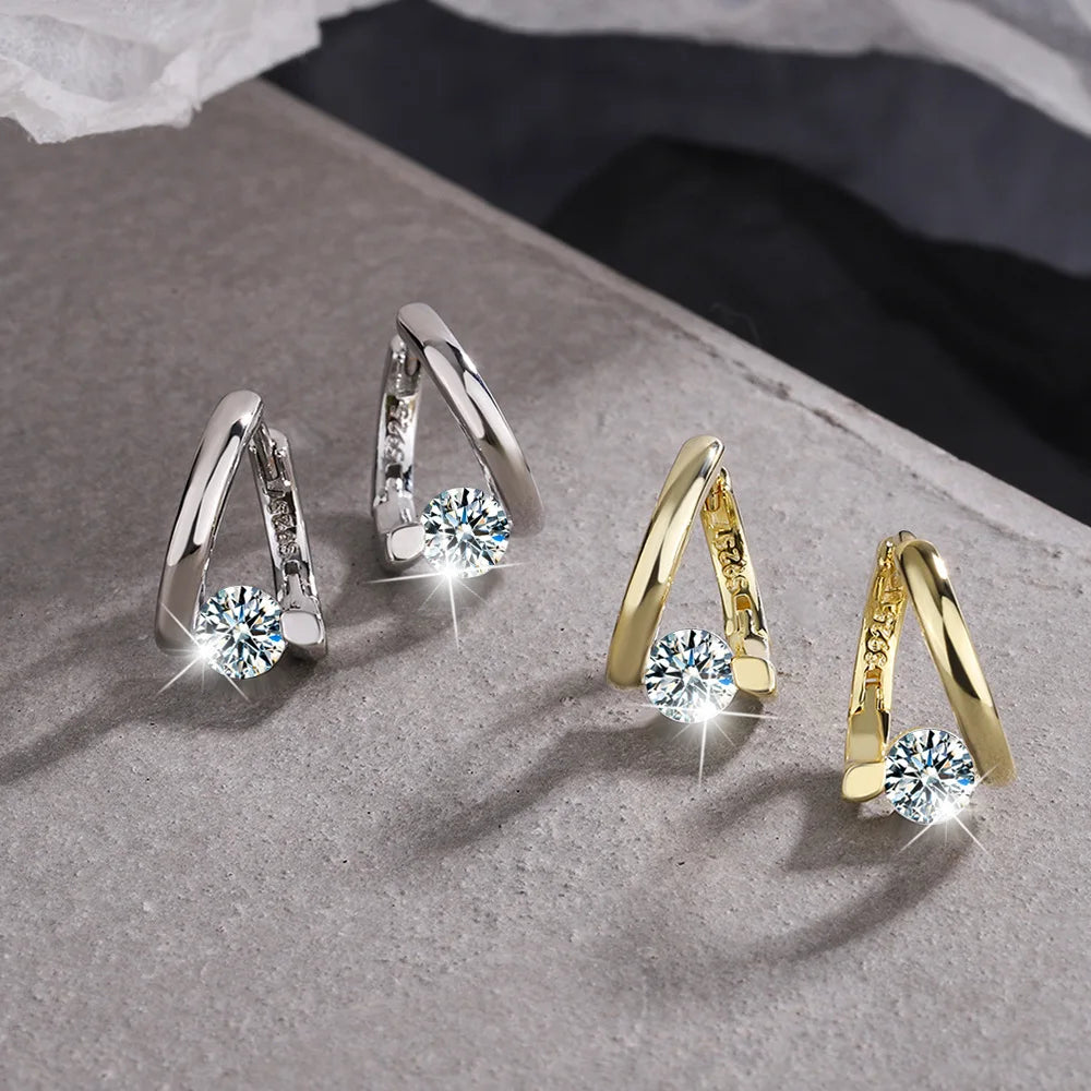 925 Sterling Silver Gold Crystals Simple Earrings For Women Fashion Wedding Luxury Jewelry