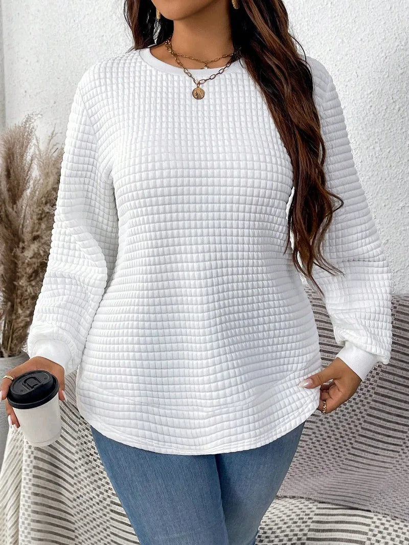 Plus-Size Women's Spring And Winter Fashion Casual Solid Color Checkered Pullover Sweatshirt