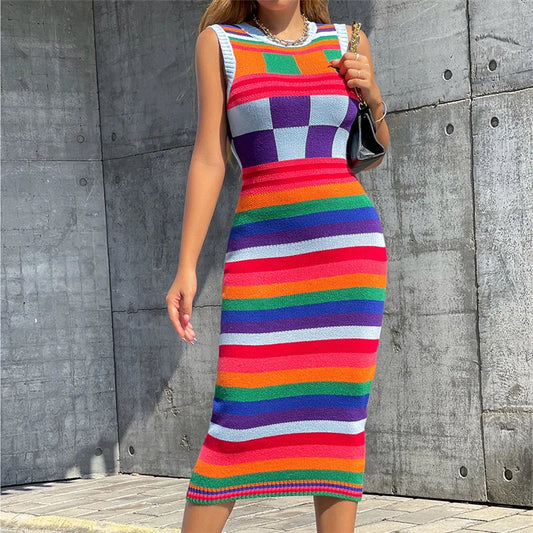 Women's clothing new fashionable contrasting color long slim fit wrapped buttocks knitted dress