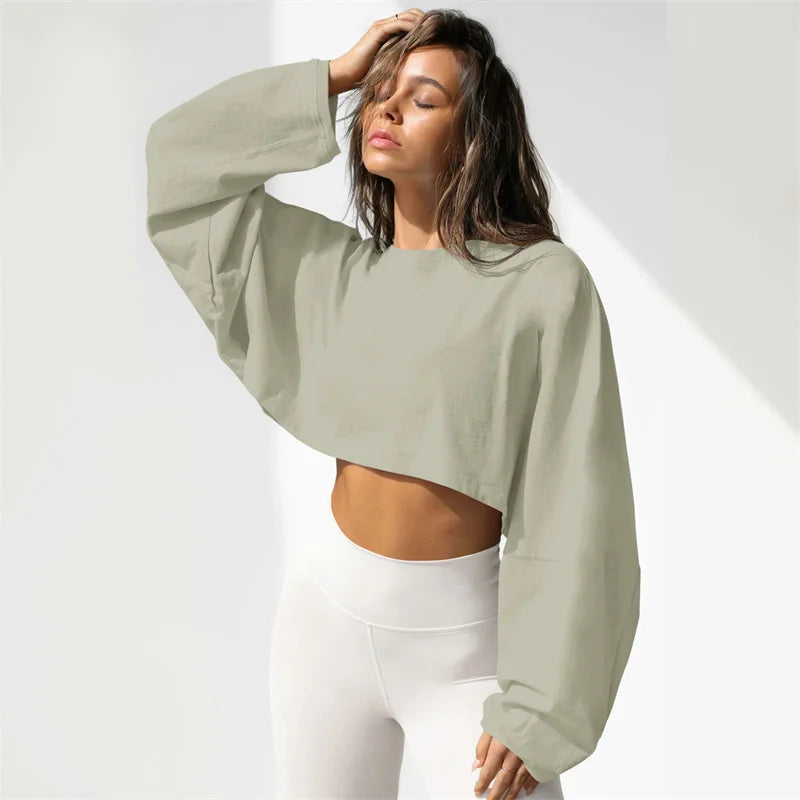 Women's Sports Crop Top T-Shirts Gym Clothing Yoga Loose Tops Long Sleeve Sportswear