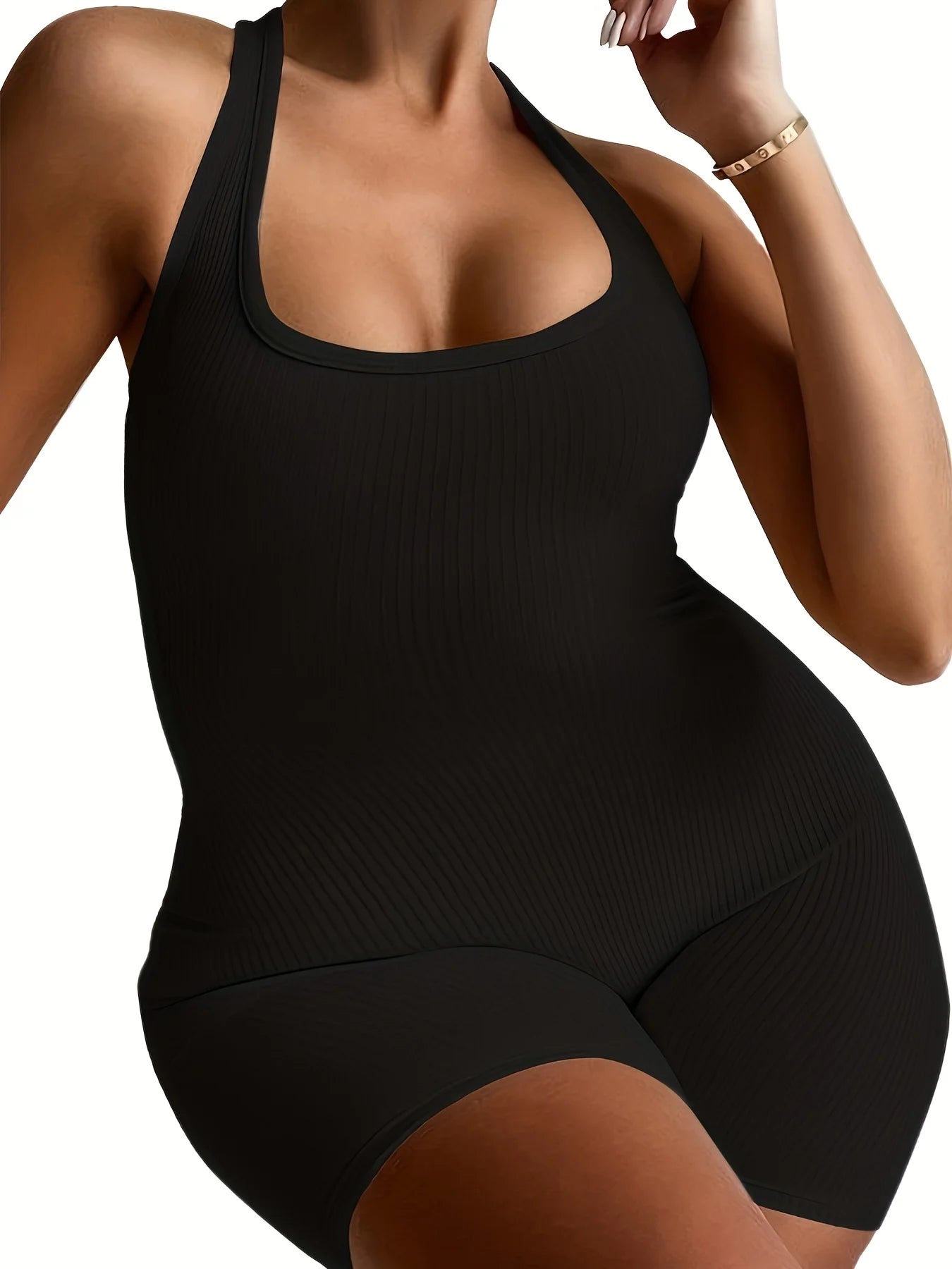 Plus Size Fashion Black Halter Sporty Jumpsuit, Women's Oversized Solid Color Sexy Body-Con Backless Clothing