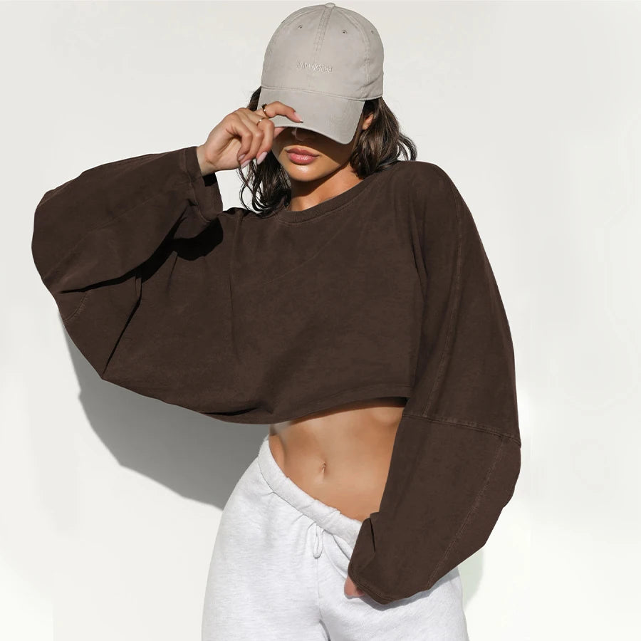 Women's Sports Crop Top T-Shirts Gym Clothing Yoga Loose Tops Long Sleeve Sportswear