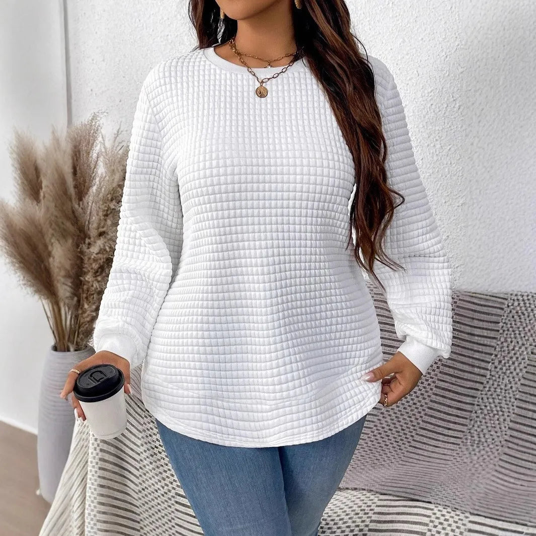 Plus-Size Women's Spring And Winter Fashion Casual Solid Color Checkered Pullover Sweatshirt