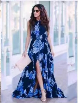 Women's Clothing Fashion New Street Printed Round Neck Waist Long Dress