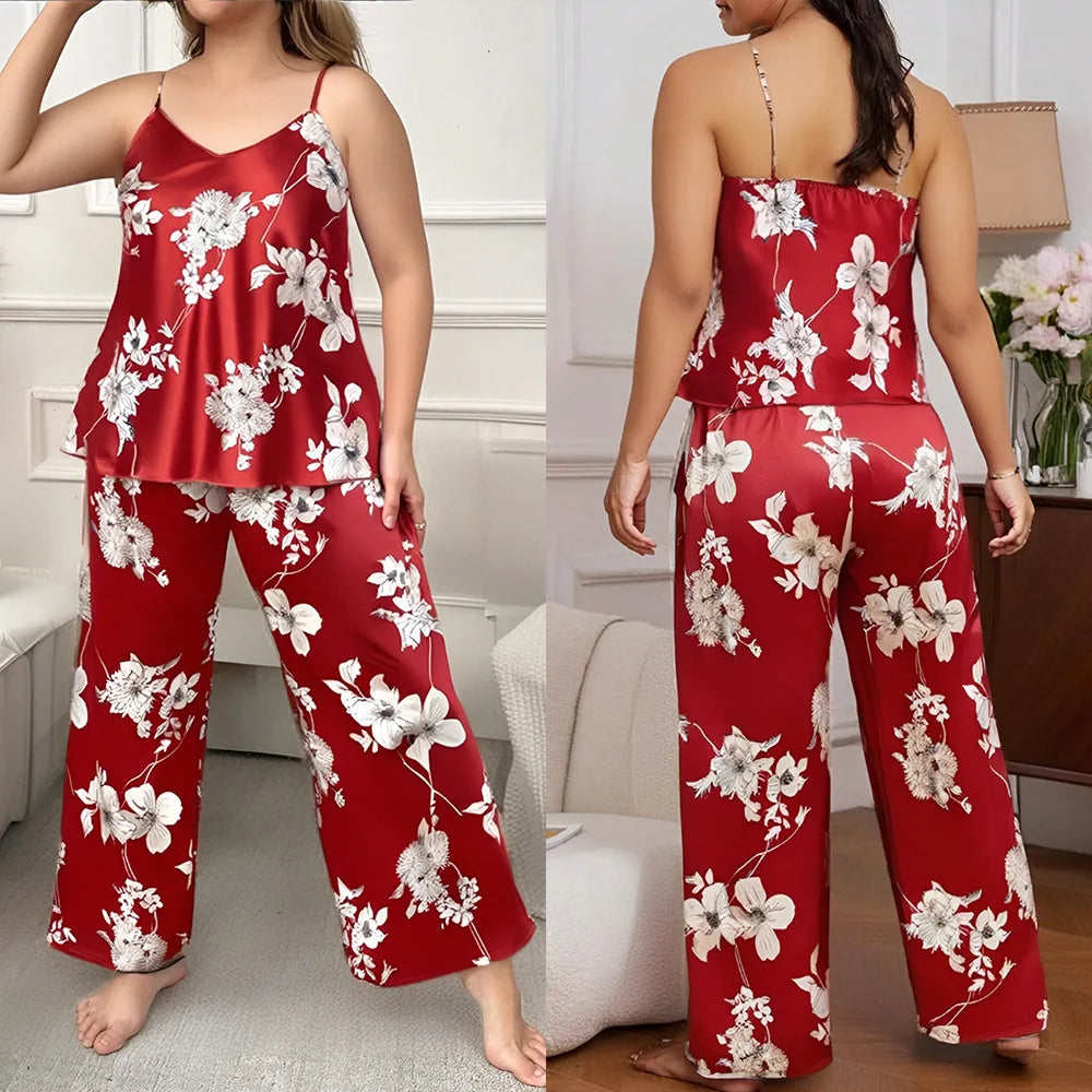 Plus Size 5XL New Female Pajamas Set Sleepwear Sexy Print Flower Suspender Trouser Pijamas Suit Lingerie Satin Home Clothes