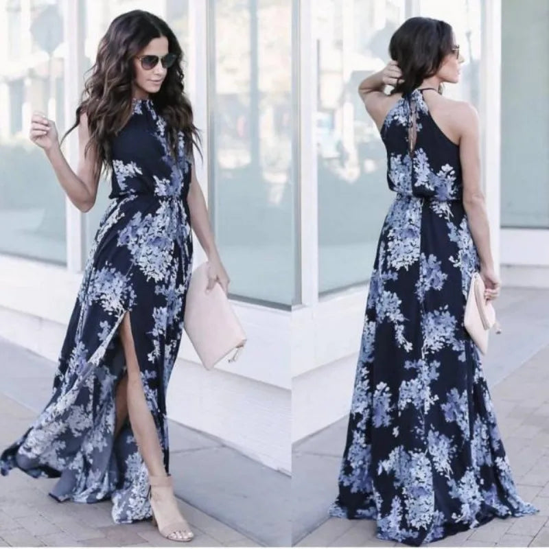 Women's Clothing Fashion New Street Printed Round Neck Waist Long Dress