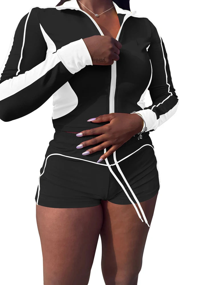 Tracksuit Women Patchwork 2 Piece Set Trendy Sporty Outfits Zip Long Sleeve Crop Jacket and Shorts Suits Matching Sets