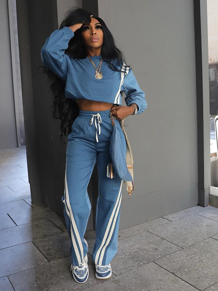 Sweatsuits for Woman Sports Fashion Color Block Stripe Full Sleeve Sweatshirt and Drawstring Long Pants 2 Piece Sets