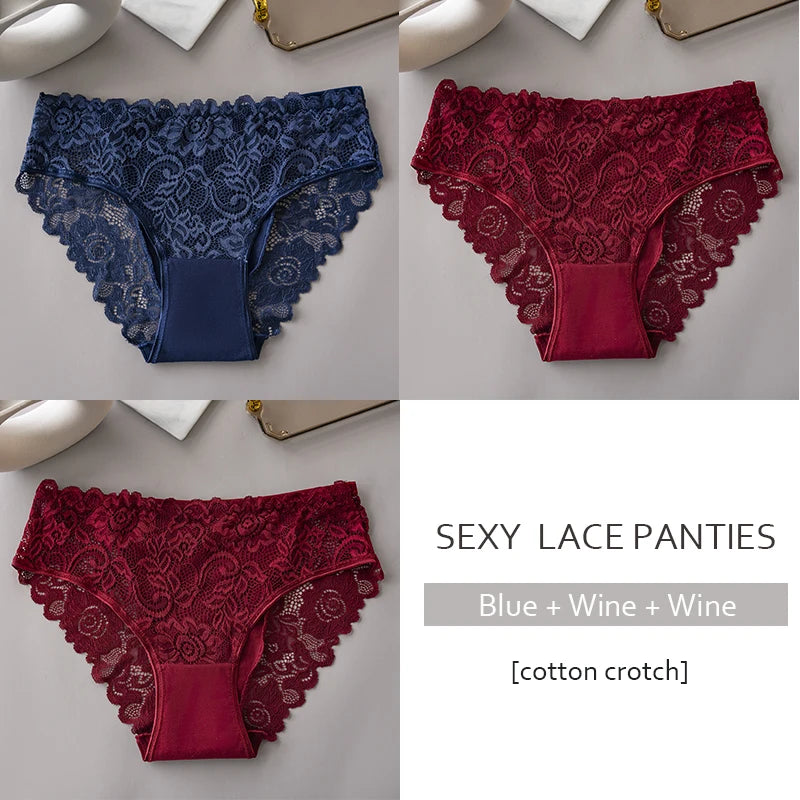 3PCS/Set Luxury Floral Embroidery Lace Panties Women Briefs Sexy Hollow Lingerie Breathable