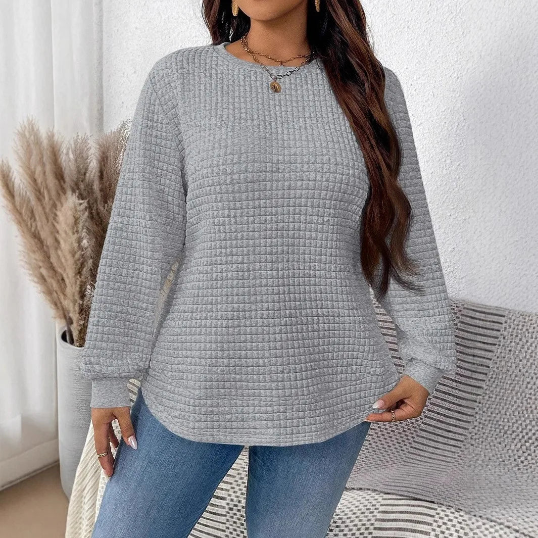 Plus-Size Women's Spring And Winter Fashion Casual Solid Color Checkered Pullover Sweatshirt