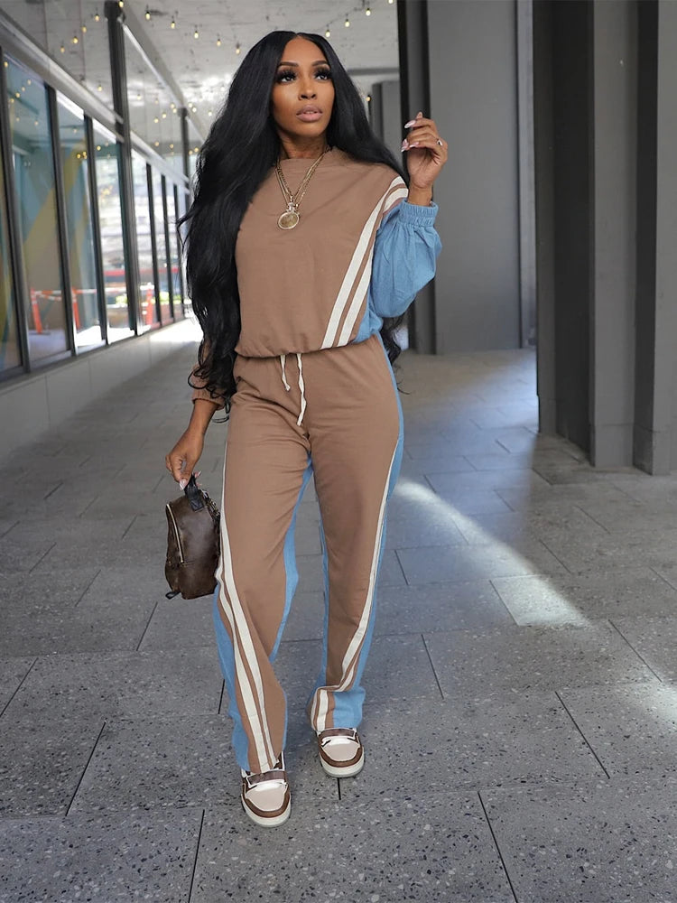Sweatsuits for Woman Sports Fashion Color Block Stripe Full Sleeve Sweatshirt and Drawstring Long Pants 2 Piece Sets
