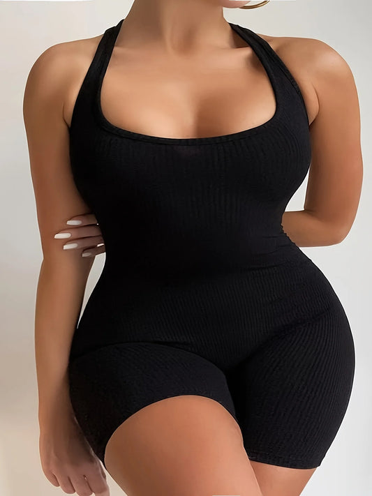 Plus Size Fashion Black Halter Sporty Jumpsuit, Women's Oversized Solid Color Sexy Body-Con Backless Clothing