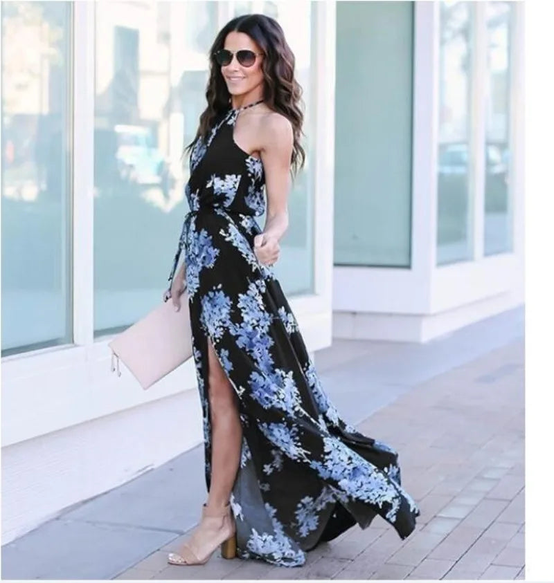 Women's Clothing Fashion New Street Printed Round Neck Waist Long Dress