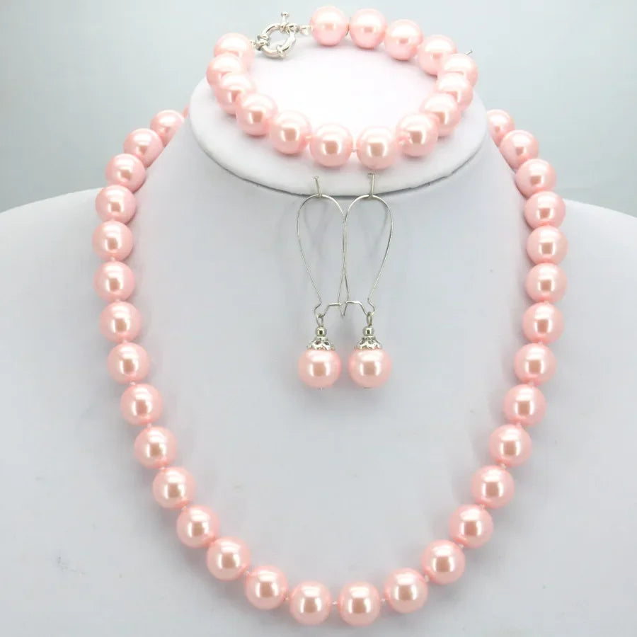Necklace for Women 12mm Pink Pearl Necklace Bracelet Earrings Sets Jewelry