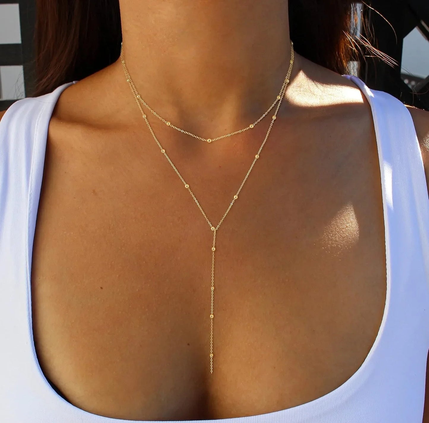 Gold Necklace for Women 14k Gold Plated/Silver Y-Shaped Pendant Necklace Layered Beaded Chain Drop Necklaces
