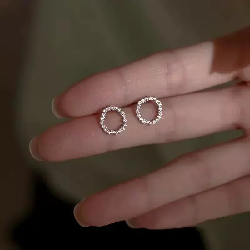 Delicate Small Circle Stud Earrings for Women Gold Color Crystal Minimalist