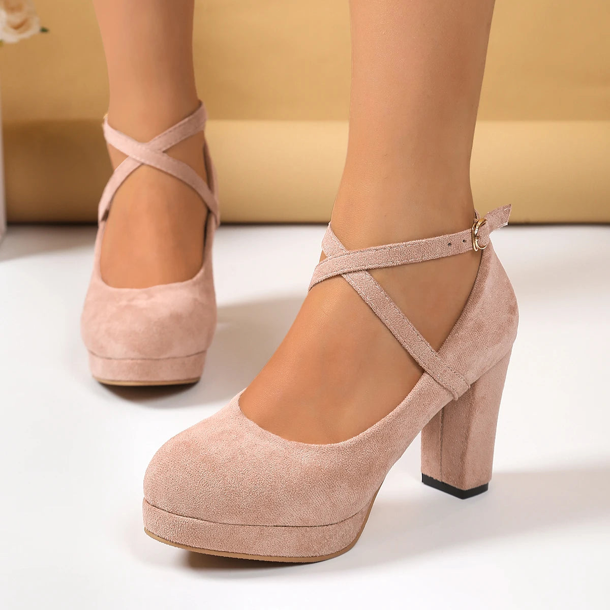 Women's Platform Pumps Shallow Cross Strap Buckle Round Toe Shoes