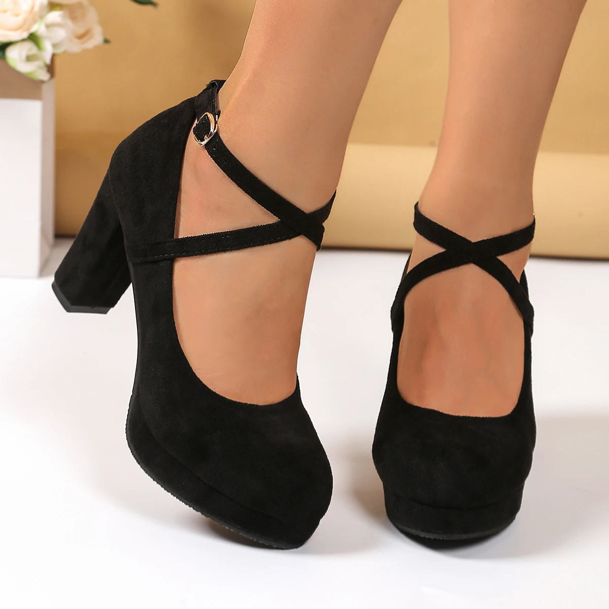 Women's Platform Pumps Shallow Cross Strap Buckle Round Toe Shoes