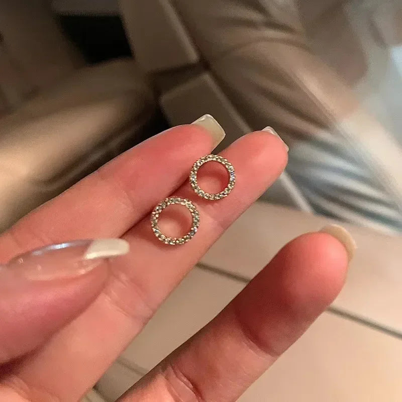 Delicate Small Circle Stud Earrings for Women Gold Color Crystal Minimalist