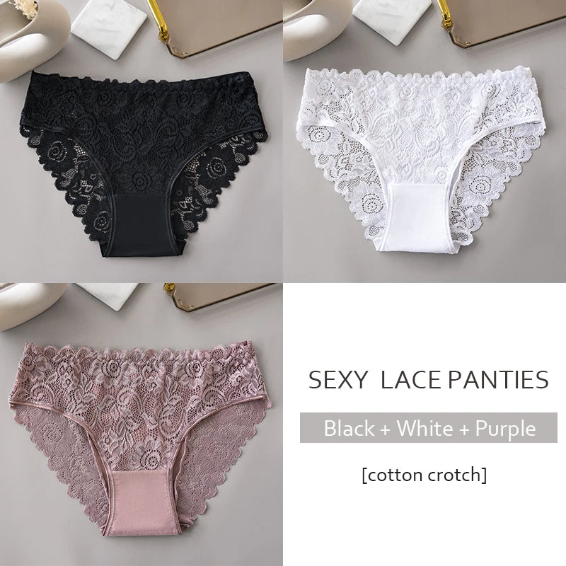 3PCS/Set Luxury Floral Embroidery Lace Panties Women Briefs Sexy Hollow Lingerie Breathable