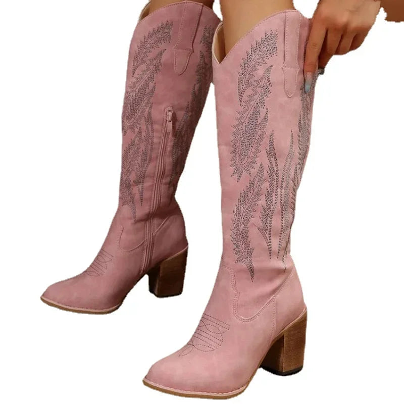 Women Thick Heels Western Boots Chunky Heels Knee High Cowboy Boots Pointed Toe