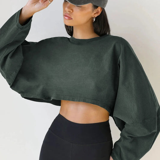 Women's Sports Crop Top T-Shirts Gym Clothing Yoga Loose Tops Long Sleeve Sportswear