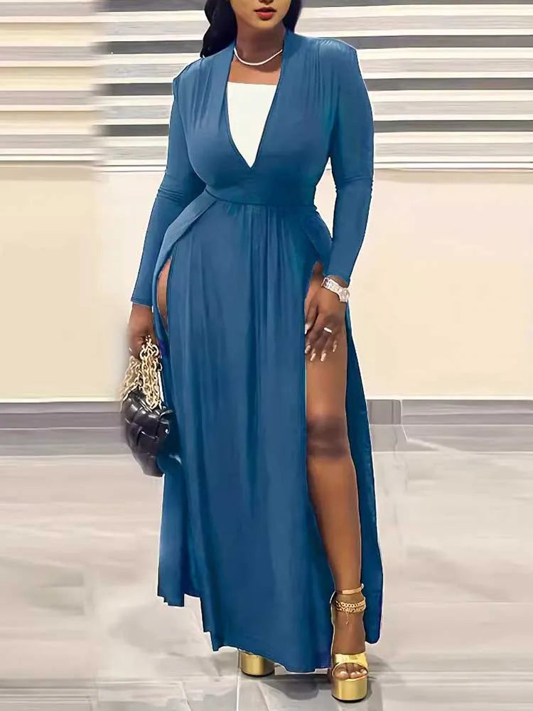 Plus Size Women Clothing 2xl 3xl 4xl 5xl Long Elegant Dress with Sleeves Autumn Ladies Sexy Party Solid Waist Dress Side Slit