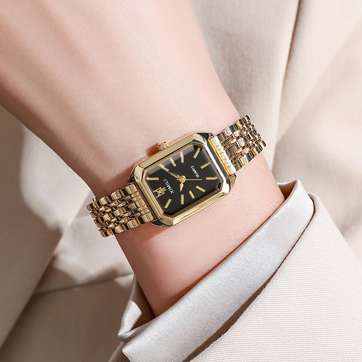 Women Business Luxury Ladies Fashion Quartz Watch Simple Scale Square Quality Gold Plated Stainless Steel Folding Clock